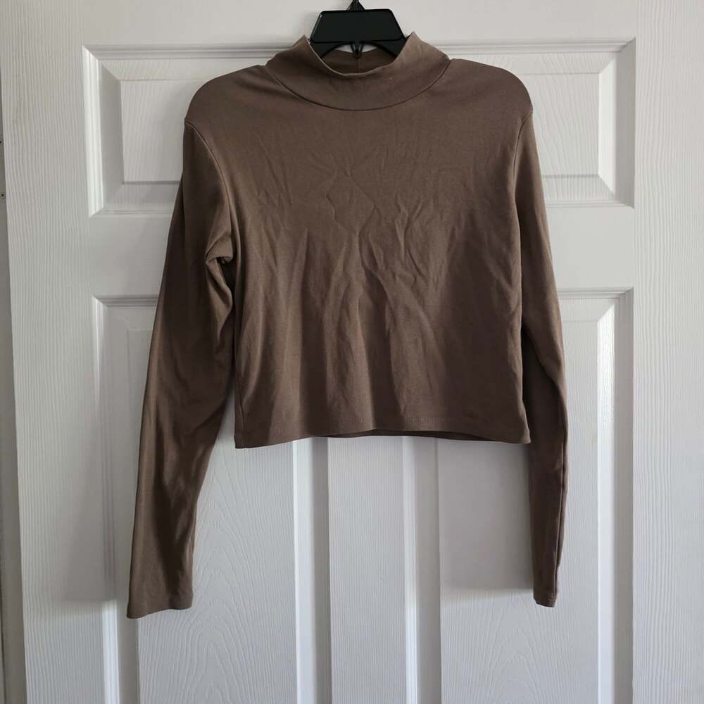 Zara Mock Neck Long Sleeve Crop Top Size L Brown